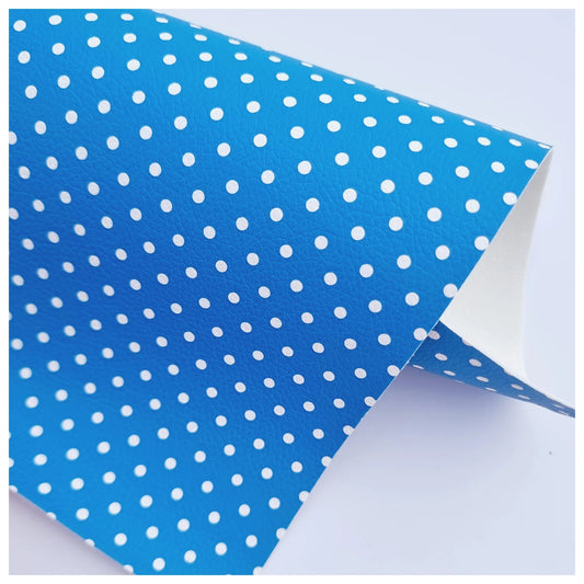 Blue & White Polka Dots Litchi Leather