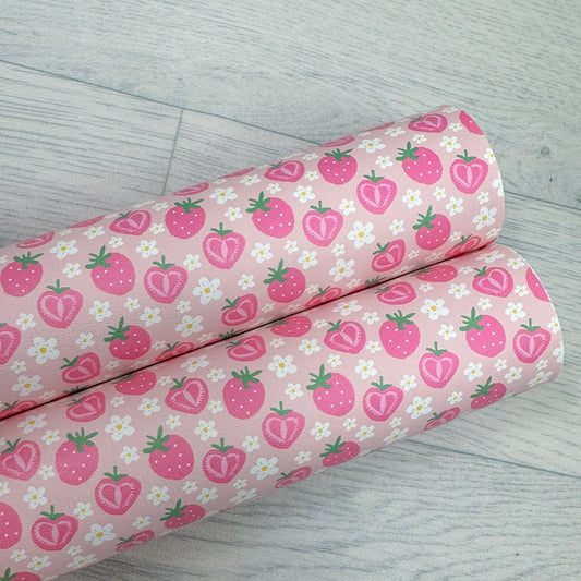 Pink Strawberry Flower Printed Leather