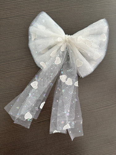 White Heart Iridescent Tulle Bow