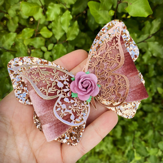 Filigree Butterfly Bow (Rose Gold/ Mauve Ribbon Velvet)