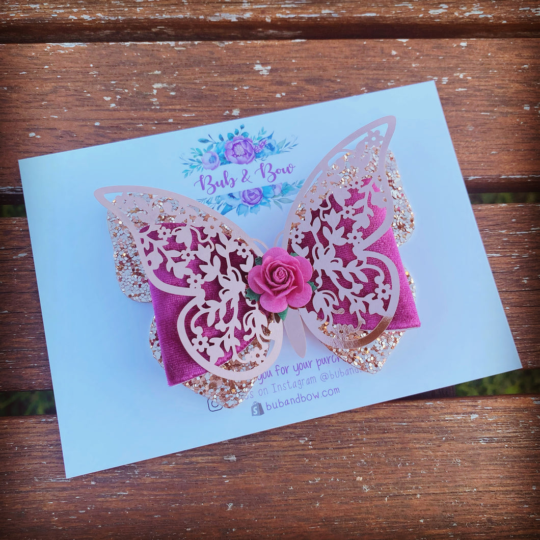 Filigree Butterfly Bow (Rose Gold & Raspberry)