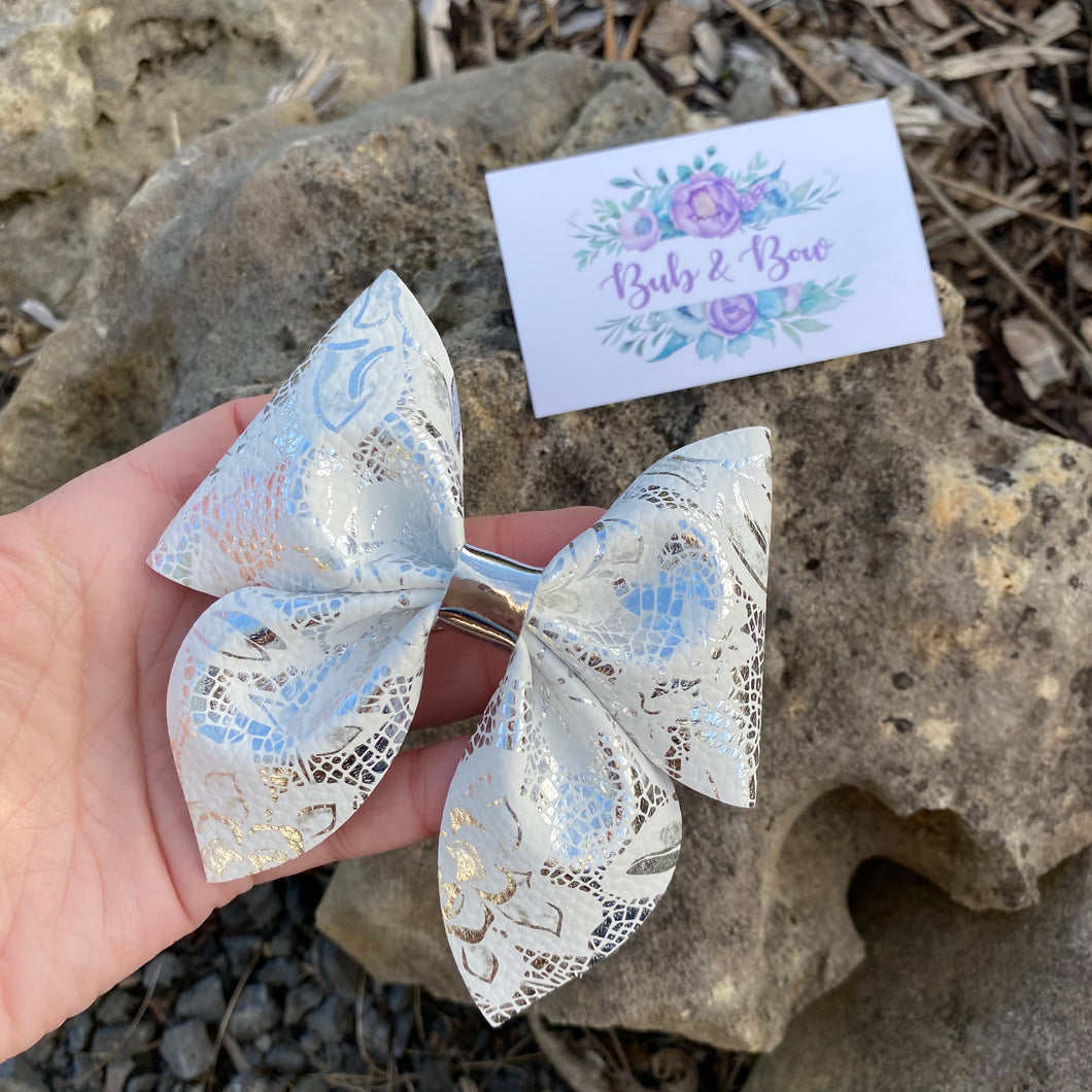 White Metallic Floral Sailor Bow