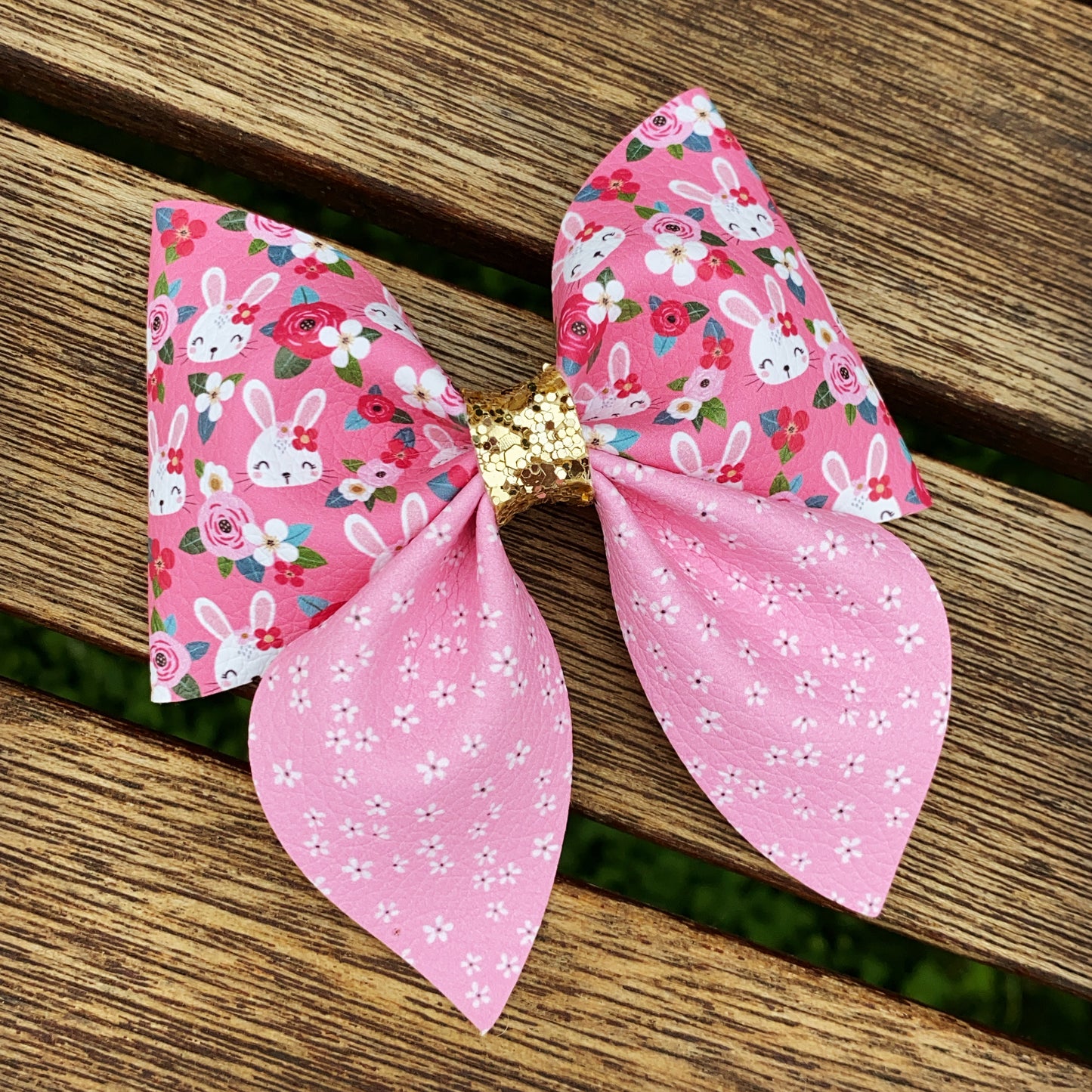 Pink Floral Bunnies Large Sailor Bow