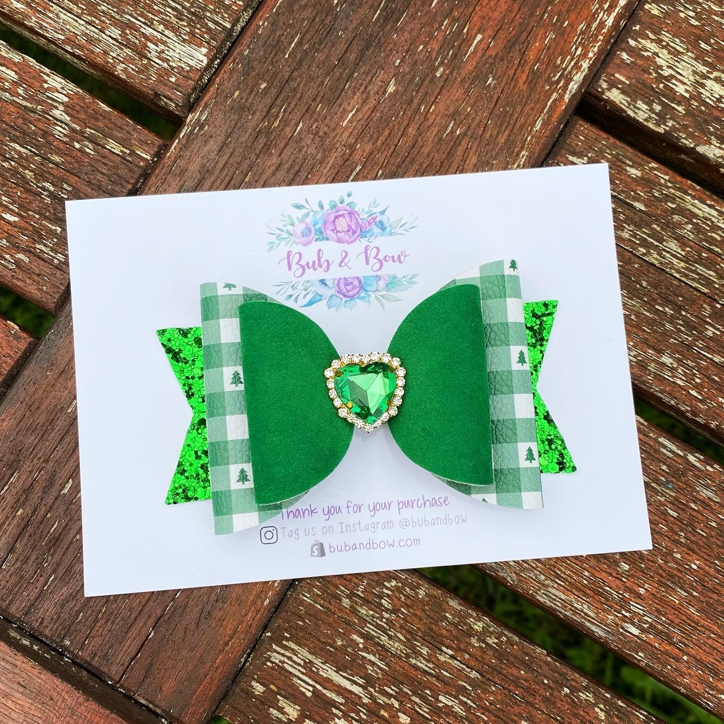 Christmas Gingham Embellished bow (Green)