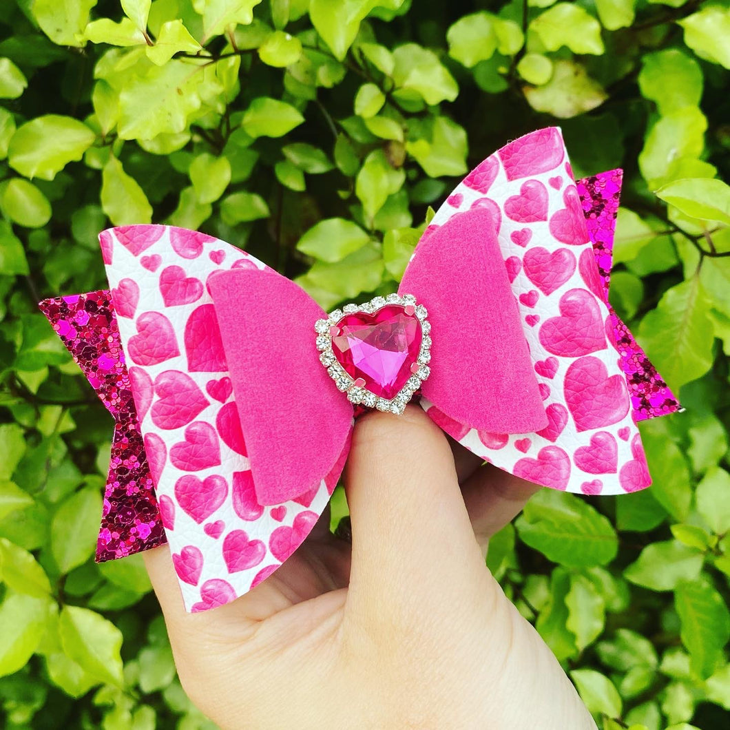 Pink Hearts Large Dolly Embellished Bow