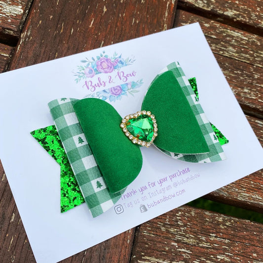 Christmas Gingham Embellished bow (Green)