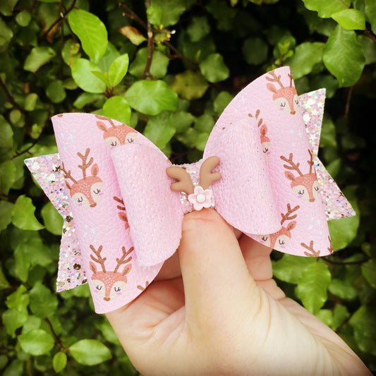 Pink Reindeer Embellished bow (11cm)